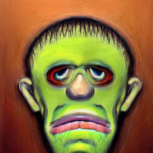 Image similar to frontal portrait of a sad frankenstein. a portrait by will kurtz.