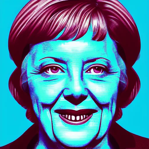 Image similar to smiling, happy, beautiful, intelligent, powerful, angela merkel, loving eyes, fully clothed, wise, beautiful, dramatic lighting, sharp focus, art deco patterns by stanley artgerm, retro futurism, dramatic lighting, trending on artstation, flat colour, geometric curves, gradient filter