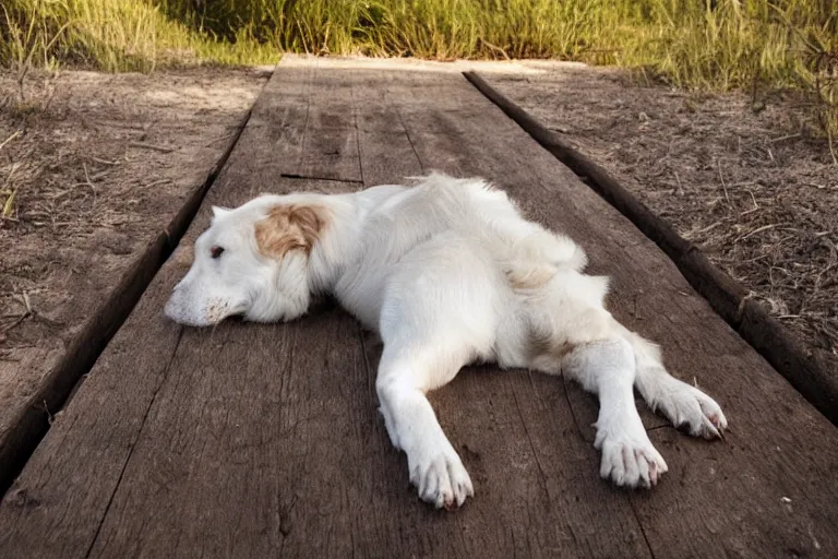 Image similar to old dog lying on a wooden dusty boardwalk