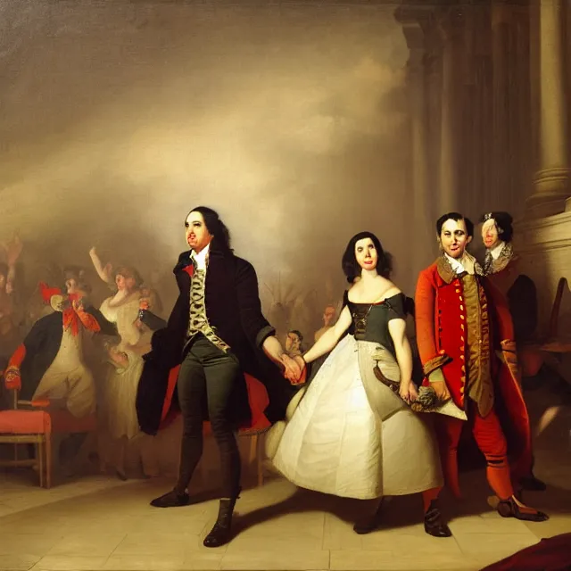 Prompt: lin manuel miranda and phillipa soo oil painting by john trumbull and charles willson peale and john singleton copley and benjamin west and gilbert stuart