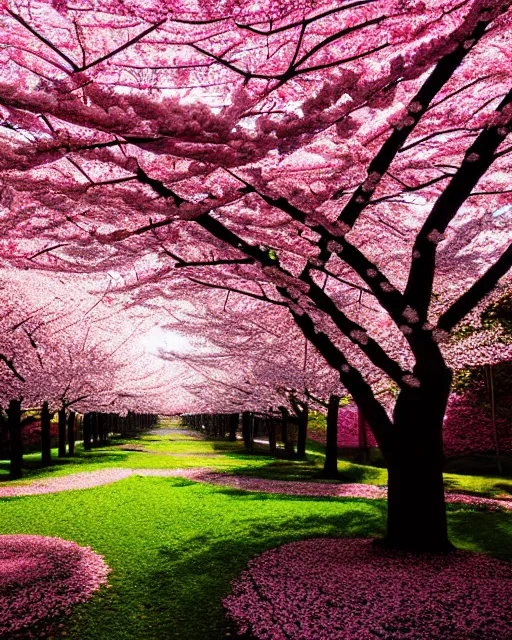 Prompt: highly stylized matte painting of cherry blossoms melting! goo robert steven connett hard daylight 8k high angle shallow depth of field