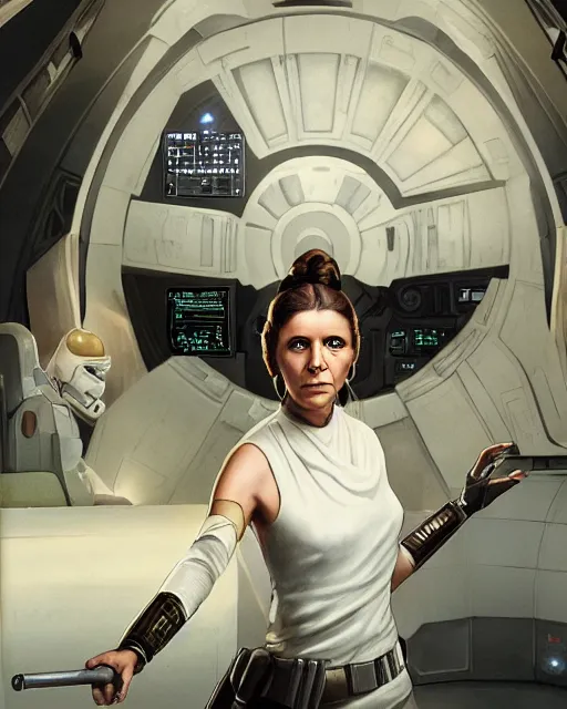 Prompt: portrait of princess leia on the millennium falcon, star wars, gta v, hyper realistic, glamorous pose, ambient lighting, concept art, intricate, hyper detailed, smooth, action, volumetric lighting, george lucas, arney fretag, ralph mcquarrie, octane