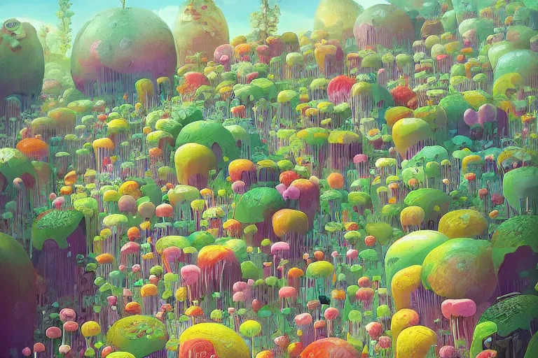 Image similar to inside a marshmallow forest in an ice cream valley, summer morning, very coherent and colorful high contrast, art by!!!! gediminas pranckevicius!!!!, geof darrow, dark shadows, hard lighting