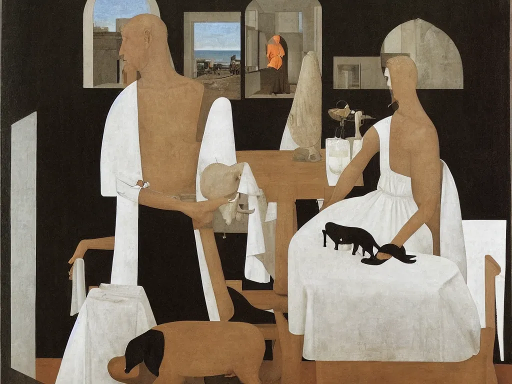 Prompt: Black dog, table, white dress. Alex Colville, Piero della Francesca