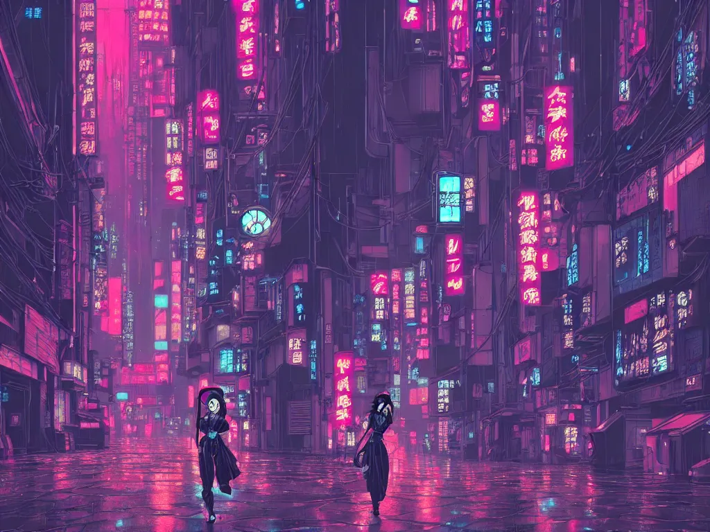 Prompt: high detailed lone geisha in a cyberpunk rainy city at night by Josan Gonzalez, pink and blue neons, unreal engine, high quality, 4K, UHD, trending on ArtStation, wires, blade runner vibes, ghost in the shell, akira, dorohedoro