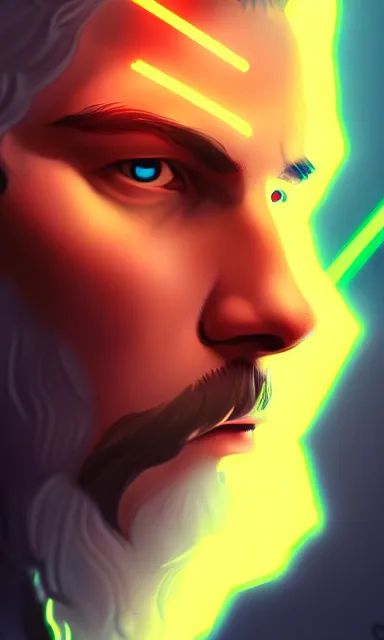 Prompt: the god zeus, lightning, concept art, sharp focus, portrait, colorful, cinematic lighting, trending on artstation, by emylie boivin and kyle herring