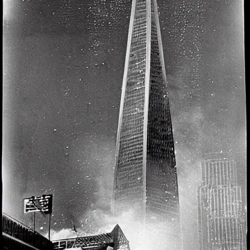 Prompt: san francisco, transamerica pyramid building on fire, rain, historical photograph