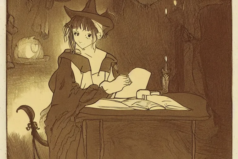 Image similar to a young witch writing in her spellbook halloween, over the shoulder angle, studio ghibli, warm, earthy tones, lit by candlelight, mucha