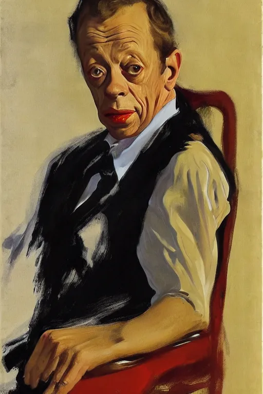 Prompt: portrait of don knotts sitting with full face full figure seductive sensual alluring attractive, in the style of expressionism, trending, john singer sargent, andrew wyeth, jamie wyeth, john singer sargent,