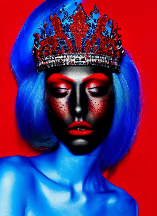 Prompt: a female high fashion model wearing a jeweled face crown, dark eye make - up, red lips, alexander mcqueen, haute couture, artstation, high detail, black, red and blue, by mobius, painterly, 8 0's airbrushed, film still, cinematic composition