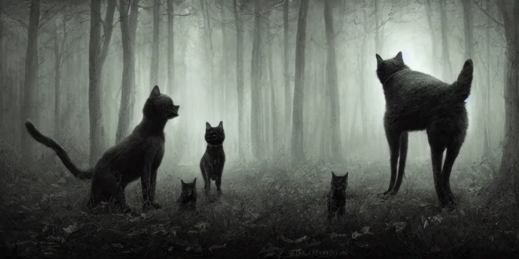 Prompt: a dog and cat find a strange huge creature in the woods, ominous atmosphere, dark environment, one source of orange light. art by artem demura and anton semenov