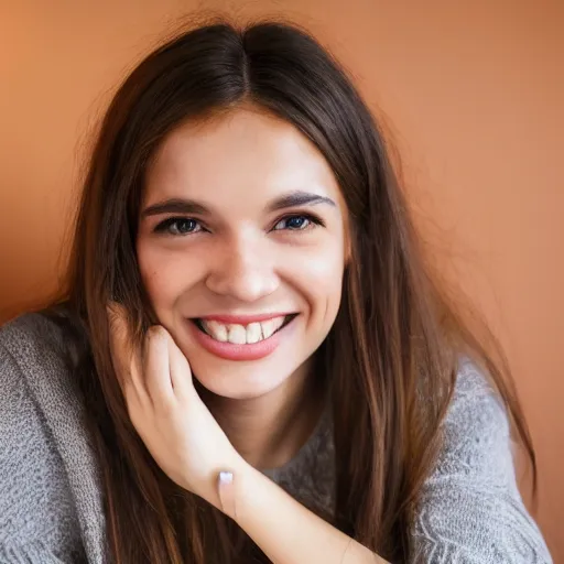 Image similar to Render of a cute 3d young woman smiling, long shiny bronze brown hair, full round face, emerald green eyes, medium skin tone, light cute freckles, smiling softly, wearing casual clothing, relaxing on a modern couch, interior lighting, cozy living room background, medium shot, mid-shot, soft focus, trending on Artstation, Unreal Engine 5 , 4k, professional photography, Portra 400