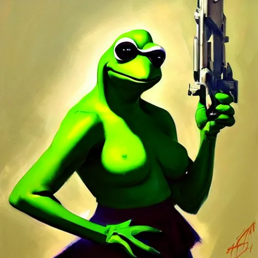 Prompt: Greg Manchess portrait painting of a Kermit the frog as Overwatch character, medium shot, asymmetrical, profile picture, Organic Painting, sunny day, Matte Painting, bold shapes, hard edges, street art, trending on artstation, by Huang Guangjian and Gil Elvgren and Sachin Teng