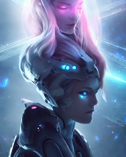 Image similar to perfect android girl on a mothership, warframe armor, beautiful face, scifi, futuristic, galaxy, nebula, raytracing, dreamy, long white hair, blue cyborg eyes, sharp focus, cinematic lighting, highly detailed, artstation, divine, by gauthier leblanc, kazuya takahashi, huifeng huang