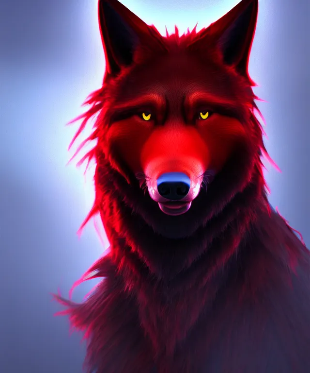 Prompt: award winning painting of a anthropomorphic black male wolf long red hair. artstation, volumetric lighting, highly detailed, photorealistic