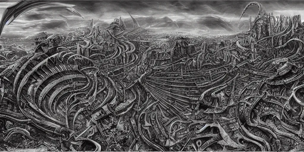 Image similar to equirectangular matte painting of a biomechanical landscape by hr giger