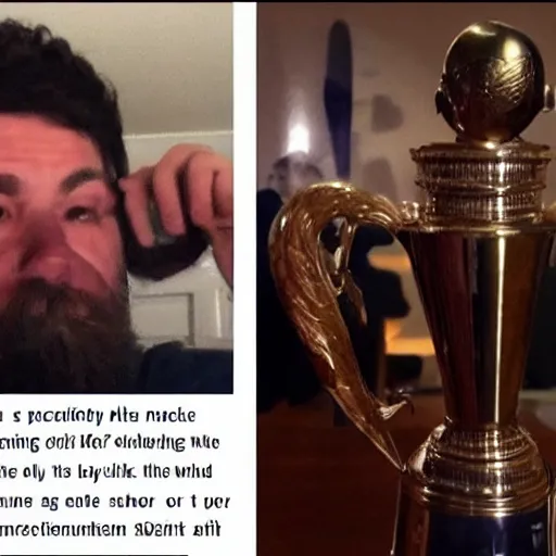 Image similar to man accidentally breaks his most pathetic man trophy.