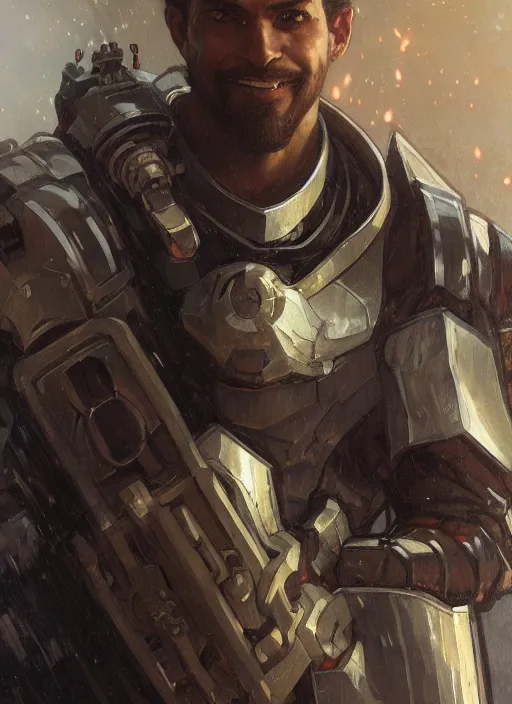 Image similar to medium-length portrait of a male paladin with short curly hair and a dark beard, dark brown skin, happy expression, wears a suit of power armor, gundam, medieval setting, highly detailed, digital painting, artstation, concept art, sharp focus, illustration, art by greg rutkowski and alphonse mucha