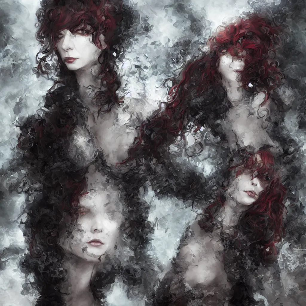 Image similar to christina hendricks goth, tankoban, 4 k, tone mapping, akihiko yoshida, james jean andrei riabovitchev marc simonetti, yoshitaka amano, long hair, curly, h. hydrochaeri