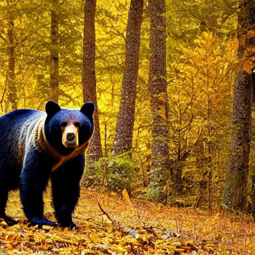 Image similar to a bear standing in a beautiful autumn forest, very high detail ultra quality photo, sigma 2 0 0 2. 8
