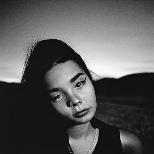 Image similar to beautiful young woman with micron pen ink face tattoos stares at the camera, night sky, stars in background, bruce gilden, leica s, fuji 8 0 0, grainy, low light