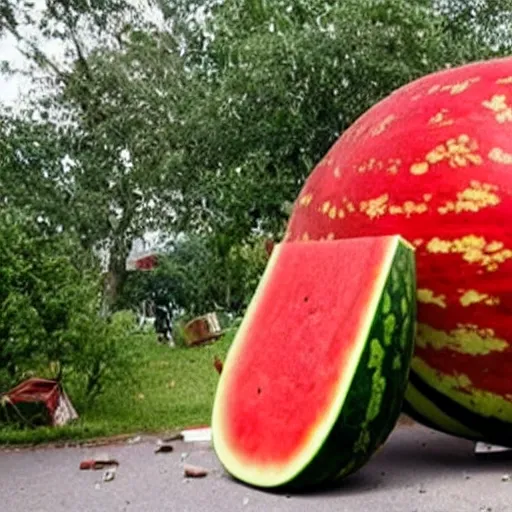 Prompt: A giant watermelon is on the loose, and it’s destroying everything in its path! The massive fruit is smashing through buildings, toppling trees, and crushing cars. No one knows how to stop it.