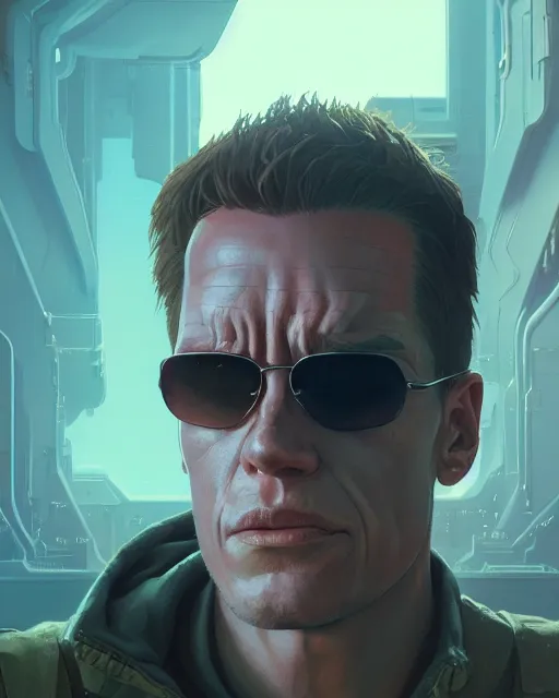 Prompt: highly detailed vfx portrait of terminator, stephen bliss, unreal engine, greg rutkowski, loish, rhads, beeple, makoto shinkai and lois van baarle, ilya kuvshinov, rossdraws, tom bagshaw, alphonse mucha, global illumination, detailed and intricate environment