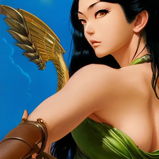 Image similar to highly detailed vfx portrait of nico robin by eiichiro oda!, yusuke murata, magali villeneuve, greg rutkowski, makoto shinkai, tom bagshaw, alphonse mucha, sharp focus, art by artgerm and stanley kubrick, backlit, johannes vermeer, fiona staples, harsh overhead sunlight,