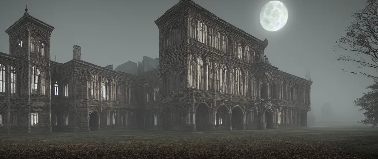 Prompt: a highly detailed brutalist gothic brick asylum hospital, fog, mist, hyperrealism, highly detailed, intricate, cinematic, symmetrical and centered, front facing camera, moon light, street lights, cinematic, epic lighting, octane nvidia omniverse render in 8 k by scott robertson, artstation, frederic church