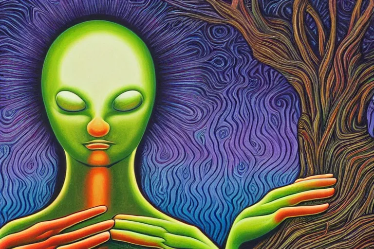 Image similar to painting of a terrified alien meditating under a tree by alex grey, acrylic art, dreadful, soothing, somber, elegant, soft light,