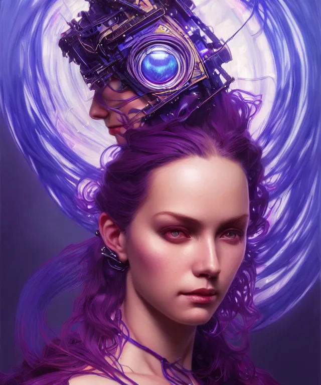 Image similar to Synthesizer and drum machine musician, sci-fi, fire eyes, face, blue and purple hair, fantasy, intricate, elegant, highly detailed, digital painting, artstation, concept art, smooth, sharp focus, illustration, art by artgerm and greg rutkowski and alphonse mucha