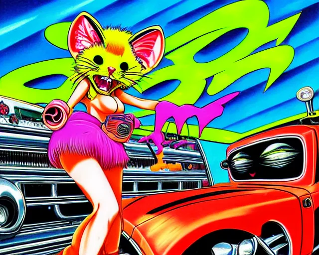 Prompt: high - quality digital art, anime catgirl in rat fink style by ed roth, crazy bulging eyes janky teeth riding in a hot rod, road rage, rat fink hot rods and 8 0 s bishoujo anime, highly detailed retro painting, colorful and vibrant