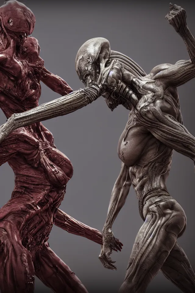 Image similar to Two Alien Mutant Gladiators Battle To Their Demise In Another Universe Moebius HR Giger Style, 8K, octane render, HDR, volumetric lighting, Production I.G. Anime Style