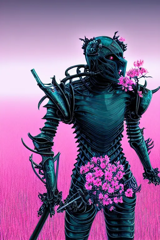 Image similar to hyperrealistic neo - gothic human monster hybrid, exoskeleton armor, fighting with katana, field of pink flowers, highly detailed digital art masterpiece, vitaly bulgarov dramatic dark teal light, ground angle hd 8 k, sharp focus