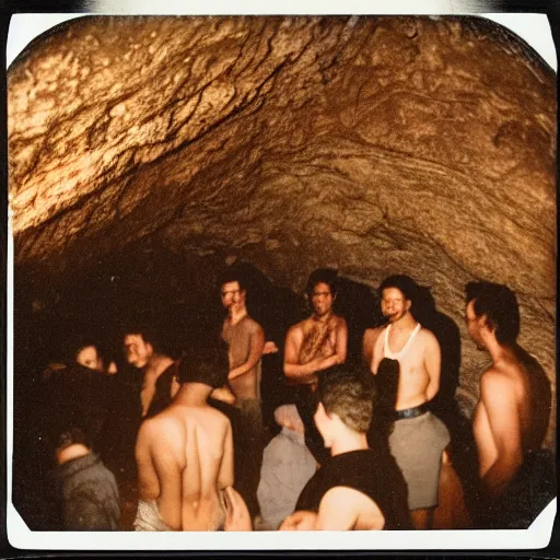 Prompt: A polaroid photo of a group of people inside a wide cave praying to a wooden computer on a altar