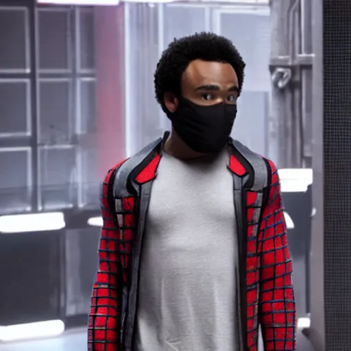 Prompt: Donald Glover as Miles Morales in black Spider-Man suit, mask off, still from Spider-Man No Way Home, detailed, 4k