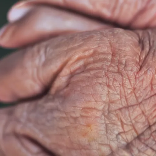 Prompt: closeup photograph of an old, wrinkled hand. Shallow depth of field. Strong keylight.