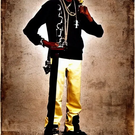 Prompt: digital photo of snoop dogg as black cowboy toting massive minigun steampunk western by