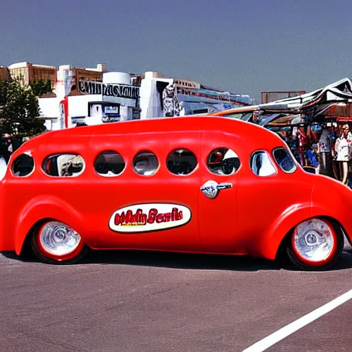 Prompt: car show photograph of a failed concept of the Oscar Mayer Wienermobile that was too weird, too many wheels, too many parts