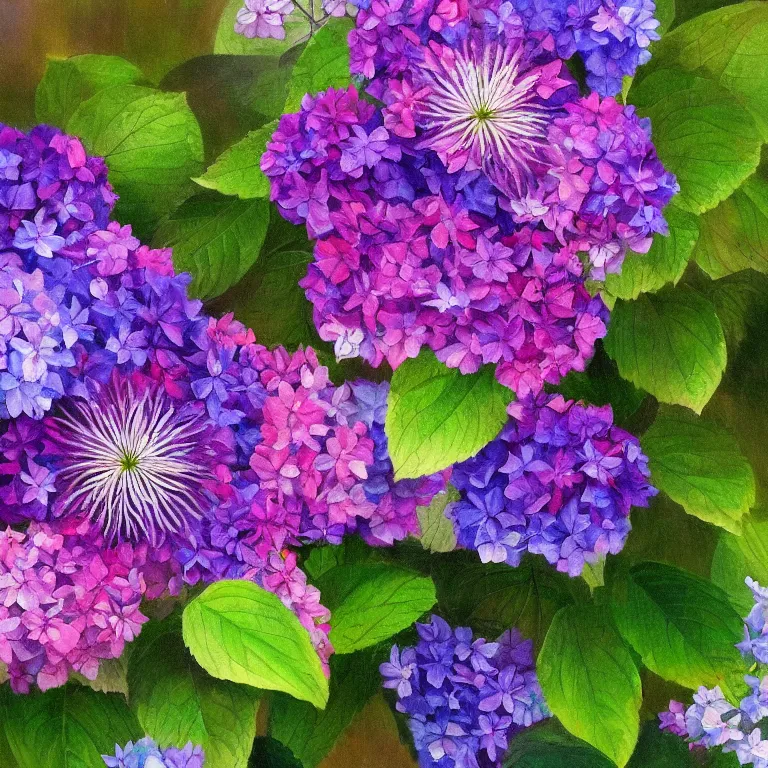 Image similar to a beautiful painting of hydrangea, clematis theme logo, clematis theme banner, clematis design, clematis in the deep sea, clematis like stars in the sky, hydrangea, trending on artstation, warm light, lovely and cute, fantasy art, 8 k resolution, highly detailed