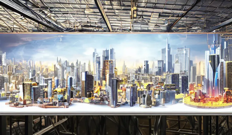 Prompt: large group people in a frame warehouse, looking at hologram of futuristic city on a table, cinematic concept art, godrays, golden hour, natural sunlight, 4 k, clear details, tabletop model buildings, foreground tabletop model, hologram center, crane shot, crane shot, crane shot