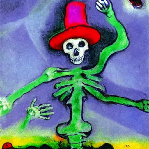 Image similar to a skeleton wearing a purple sombrero, painting by marc chagall