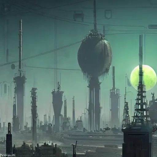 Image similar to a big city like coruscant and rupture farms from oddworld, with green smog sky, tall metal towers, a big moon in the sky, flying vehicles, factories, smoke, in the style of soviet realism