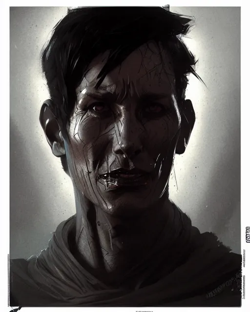 Image similar to professional concept art portrait of a diesel punk man with short black hair in a dark room by artgerm and greg rutkowski. an intricate, elegant, highly detailed digital painting, concept art, smooth, sharp focus, illustration, in the style of cam sykes, wayne barlowe, igor kieryluk.