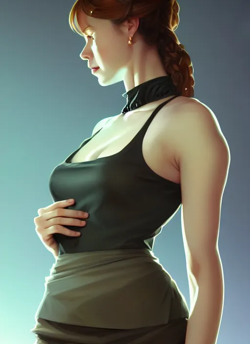 Image similar to portrait of a full body of beautiful young female secretary, d & d, sleeveless turtleneck, pencil skirt, fantasy, flat lighting, intricate, highly detailed, digital painting, artstation, concept art, smooth, sharp focus, illustration, art by simon bisley and greg rutkowski and alphonse mucha, natural tpose