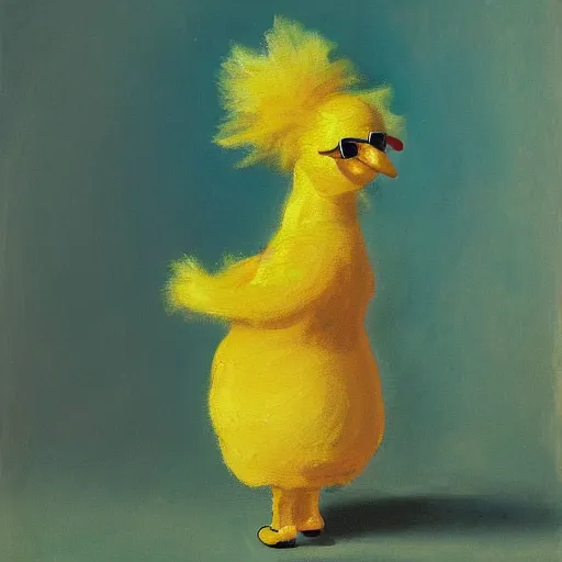 Image similar to impasto painting of a glowing kewpie doll that looks like Big Bird, painted in the style of Watteau with sad minion eyes