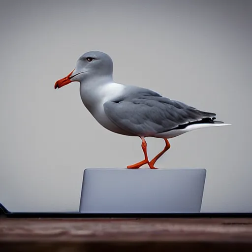 Image similar to a seagull angrily typing on a laptop