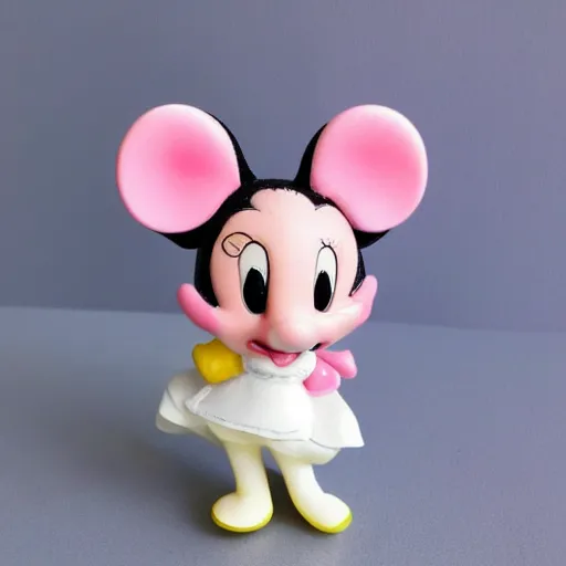 Prompt: product photograph of small miney mouse figurine by isabel han : 6 girly, delicate, soft, cute, collectible, toys figures, kawaii, toys, pastel colors, white background : 3