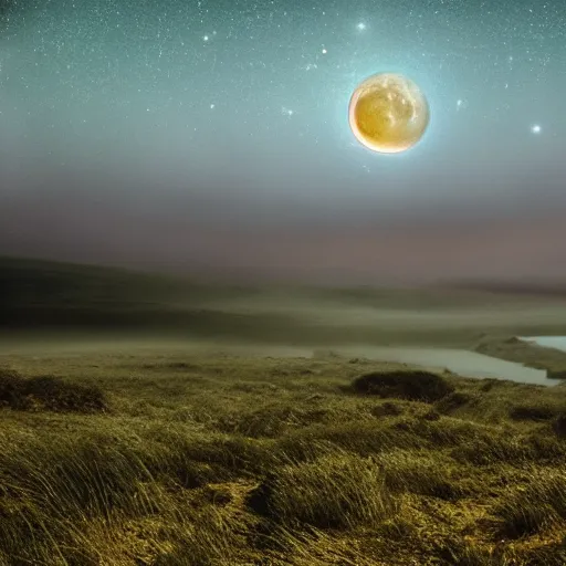 Prompt: david attenborough nature documentry footage, ultra high definition, 8 k, ambient occlusion, beautiful serene ethereal misty valley in between bleak moorland and distant vast lake under a starry night sky with giant super moon, amethyst citrine opal, muted pastel tones