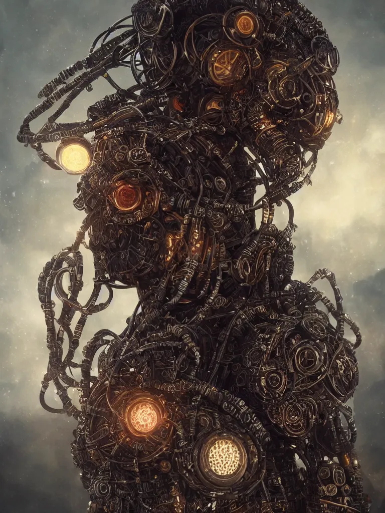 Image similar to a photo of a mech shaman adorned made from cables and synthesizer parts surrounded by sacred geometry made from elven architecture, full body, perfect face, powerful, cinematic, beautifully lit, by artgerm, by karol bak, 3 d, trending on artstation, octane render, 8 k